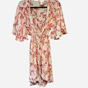 Women's one size sheer floral kimono wrap tassel tie boho resort beach vacation